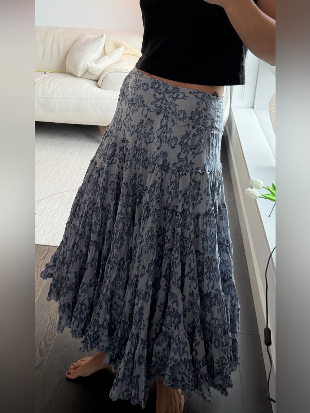 Maje Tiered Floral Cotton Midi Skirt Gray Blue Boho Prairie